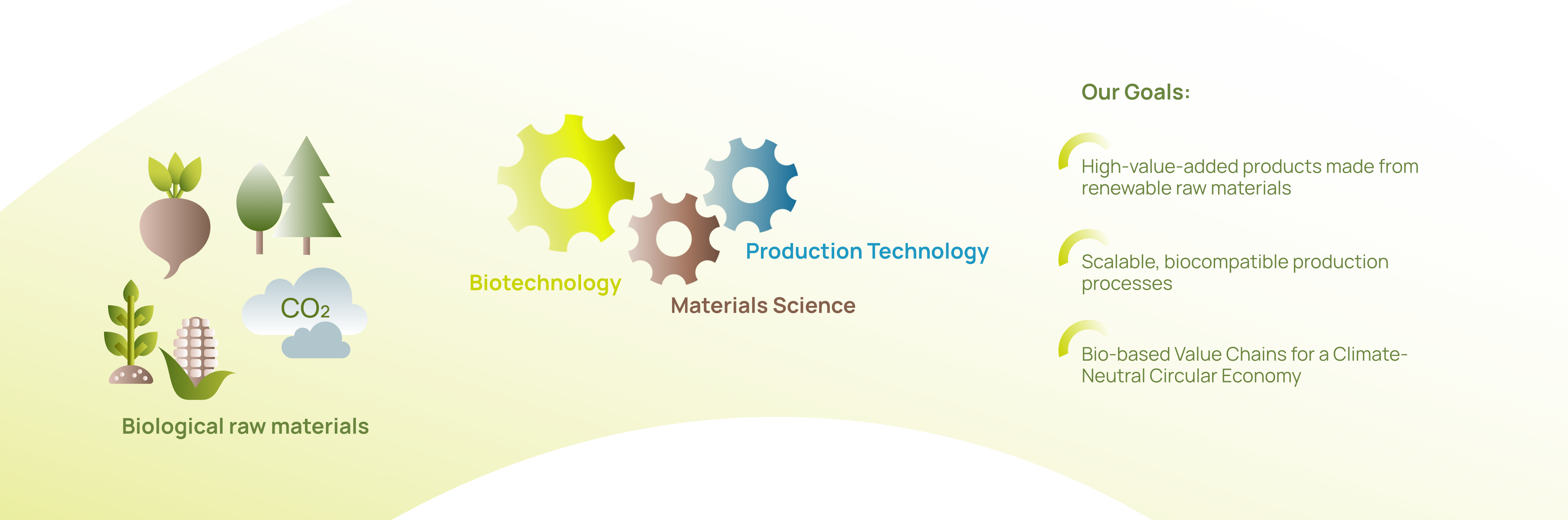 A stylistic representation of Bio4MatPro's goals, showing a production chain from biological raw materials, through the biological transformation of industrial processes, towards new objectives.