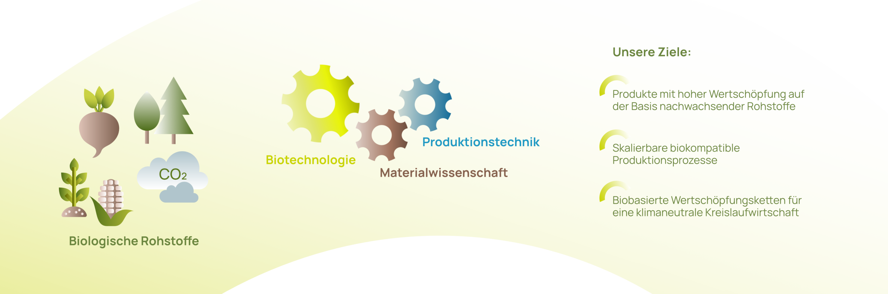 Eine Stilistische Darstellung der Ziele von Bio4MatPro, die eine Produktionskette von biologischen Rohstoffen, mithilfe der biologischen Transformation von Industrieprozessen, hin zu neuen Zielen darstellt